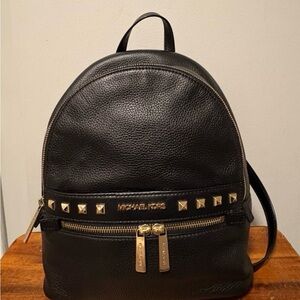 Michael Kors Black Pebbled Leather Studded Backpack with Gold Hardware